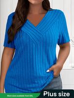 【Plus Size】Solid Cross V Neck Tee, Casual Short Sleeve T-shirt for Summer, Women's Clothing for Daily Wear