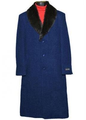 Moscow: MEN'S FUR COLLAR NAVY BLUE 3 BUTTON SINGLE BREASTED WOOL FULL LENGTH OVERCOAT