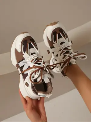 Women's Sporty Colorblock Low Top Chunky Sneakers, Walking Shoes, Girl Footwear Trainer, Summer 2025 Casual Comfortable Platf...