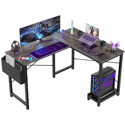 L Shaped 50 Inch Computer Gaming Desk, Reversible Corner Work Table for Writing Study with Wood Tabletop Metal Frame, CPU Sto...