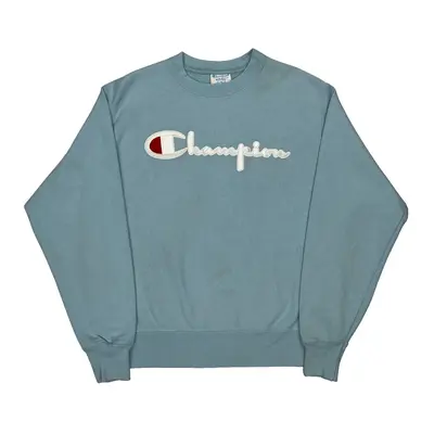 Reverse Weave Champion Spellout Sweatshirt - Medium Blue Cotton Blend