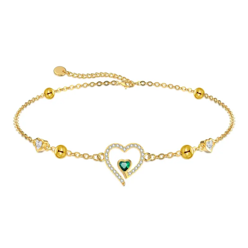 14K Yellow Gold Emerald Heart Cubic Zirconia Heart Charm Bracelet For Women
