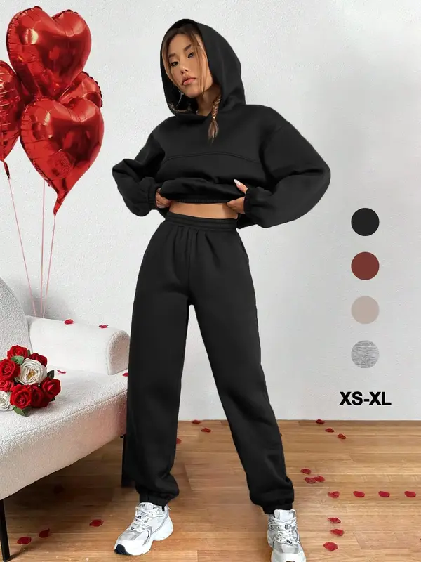 Two-piece Set Women's Plain, 2 Counts Crop Hoodie & Elastic Waist Sweatpants Set, Casual Drop Shoulder Pullover & Jogger Pan...