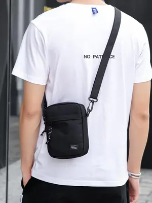 Men's Fashion Solid Color Letter Patched Design Zipper Crossbody Bag, Casual Lightweight Crossbody Bag for Working, Dating, P...