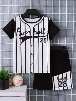 Boy's Letter & Striped Print Short Sleeve Tee & Elastic Waist Shorts Set, Casual Round Neck T-shirt & Shorts, Summer Clothes ...