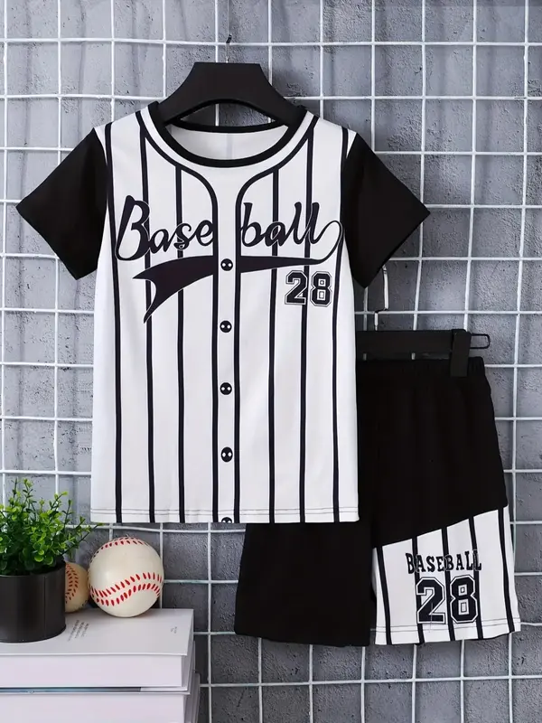 Boy's Letter & Striped Print Short Sleeve Tee & Elastic Waist Shorts Set, Casual Round Neck T-shirt & Shorts, Summer Clothes ...