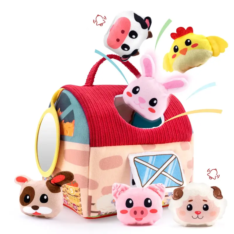 Baby Toys 6-12 Months - Barn with Stuffed Farm Animals, Rattle, Crinkle Paper, Mirror - Montessori Toys for 6 Month Old Babie...