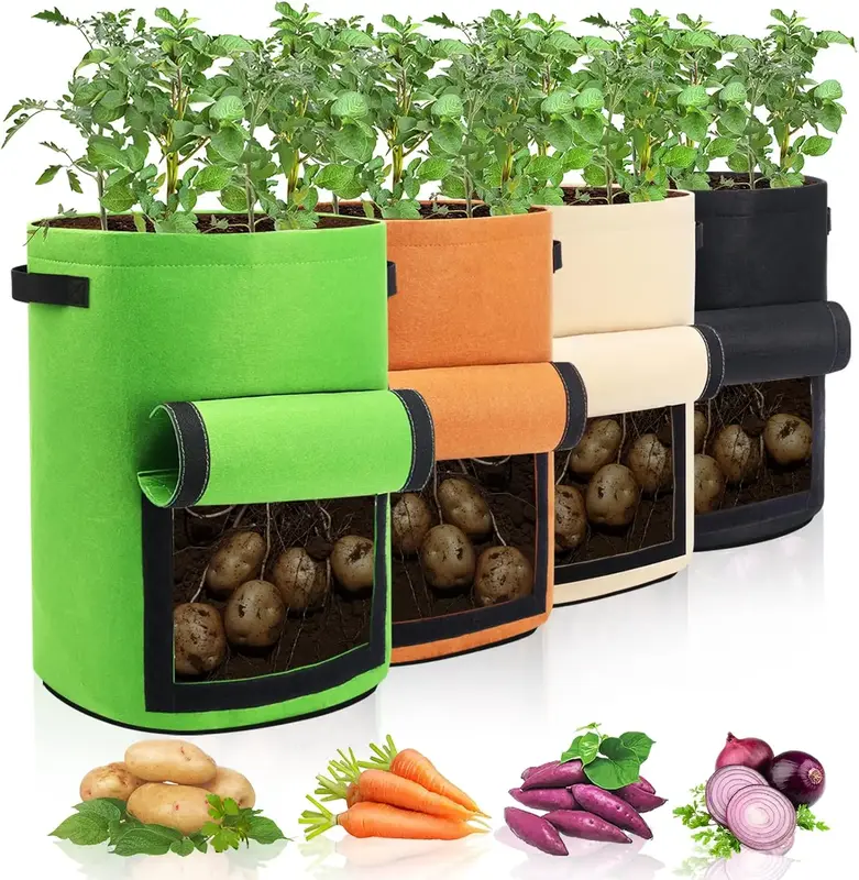 4-Pack 10 Gallon Grow Bags with Window to Harvest - Durable Non-Woven Fabric, Double Side Extension Handle, Easy Storage for ...