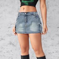 MNLYBABY Women's Cargo Mini Denim Skirt Low Waist Button Bodycon with Pockets Streetwear Casual Womenswear Bottom Matching Pa...