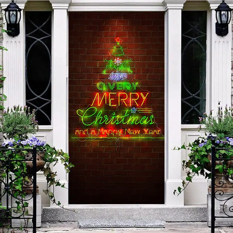 Red Bricks Wall Green Neon Tree Christmas Door Cover - Aperturee