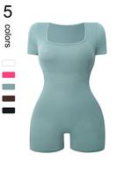 Women's Solid Square Neck Sports Romper, Athleisure Style High Stretch Seamless Romper for Yoga Fitness Running, Ladies Sport...