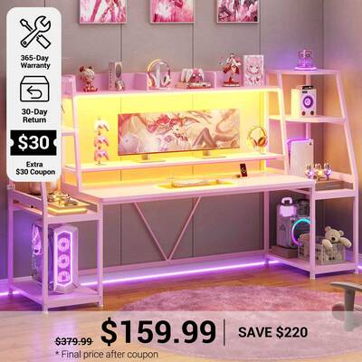SEDETA | 78.8 Inch LED Ergonomic Gaming Table with Storage Shelves Pink Home Office Furniture