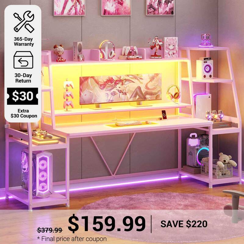 SEDETA | 78.8 Inch LED Ergonomic Gaming Table with Storage Shelves Pink Home Office Furniture