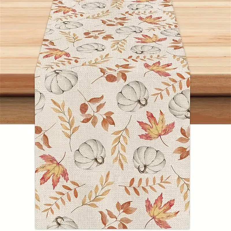 Pumpkin & Leaf Pattern Table Runner, 1 Count Linen Tablecloth, Table Decoration Supplies for Home Kitchen Dining Room Restaur...