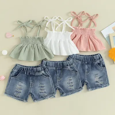 Toddler Kids Baby Girl T-Shirt Top Denim Jeans Shorts Set Pleated Camisole Ripped Summer 2-piece Outfit