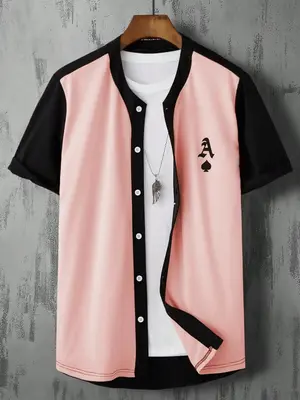 LGBTQ+ Men's Geometric & Letter Print Button Front Shirt, Summer Clothes Regular Fit Casual Patchwork Short Sleeve Round Neck...