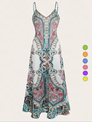 Women's Floral Print Dress, Boho Sleeveless Spaghetti Strap Long Dress for Beach Holiday Vacation, Ladies Summer Clothes, Wom...