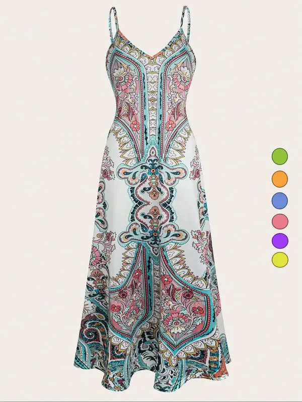 Women's Floral Print Dress, Boho Sleeveless Spaghetti Strap Long Dress for Beach Holiday Vacation, Ladies Summer Clothes, Wom...
