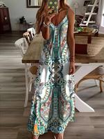 Women's Floral Print Dress, Casual Fitted Boho Bohemian Sleeveless Spaghetti Strap Long Dress for Beach Holiday Vacation, Lad...