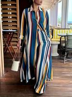 【Plus Size】women's Two-piece Set All Over Striped Print Long Blouse & Wide Leg Pants Set, Fashion Casual Button Front Lon...