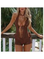 2PCS Women's Summer Crochet Set for Women Tie Up Halter Open Back Split Tank TopS + Hollow Out Shorts Beachwear Short & Top S...