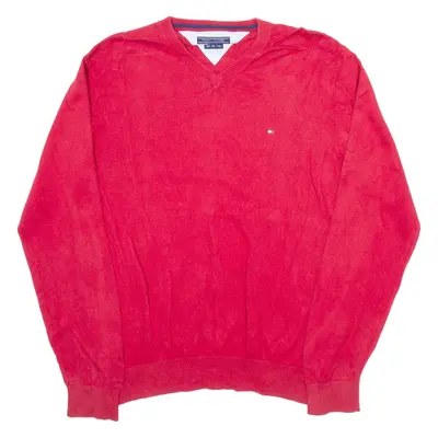 TOMMY HILFIGER Mens Jumper Red V-Neck Tight Knit XL