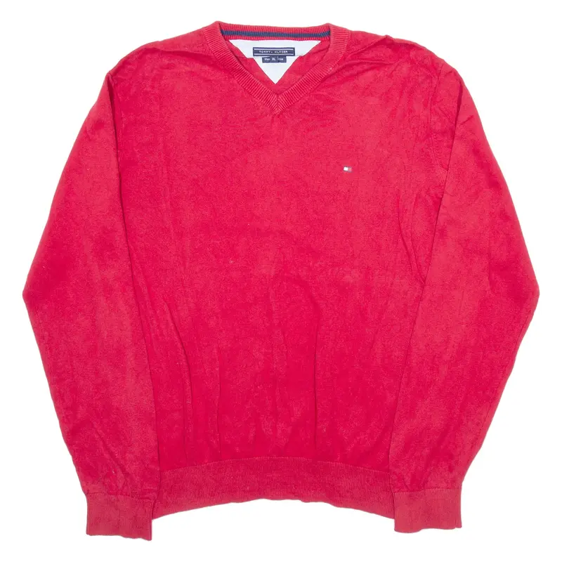 TOMMY HILFIGER Mens Jumper Red V-Neck Tight Knit XL