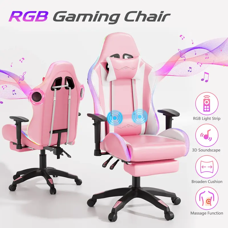 【LED Chair】Mr IRONSTONE Gaming Chair with Speakers and Led Lights Ergonomic Massage Computer Gaming Chair with Broaden Cu...
