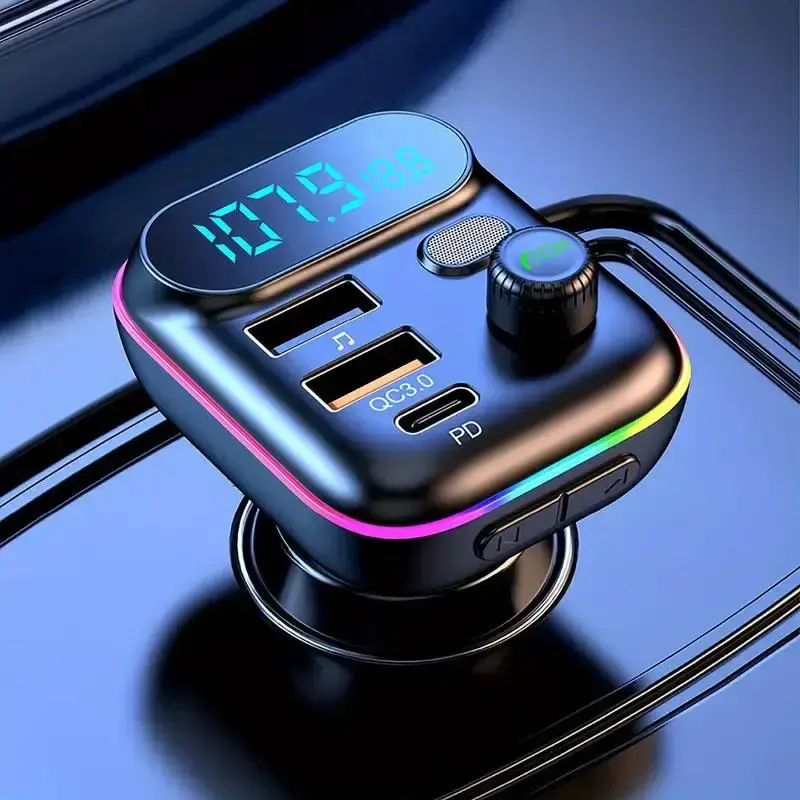 Multifunctional Wireless 5.0 FM Radio Transmitter, QC3.0 + PD 20W USB Car Charger With Ambient Light & Hands-free Phone Calli...