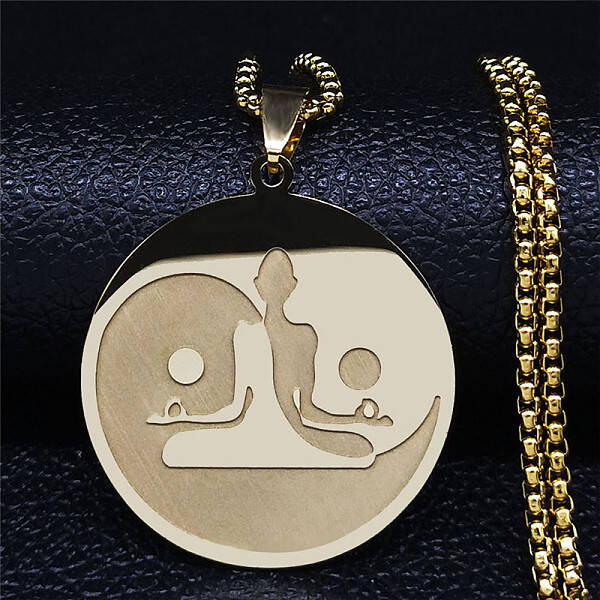 304 Stainless Steel Flat Round Buddhist Meditation Yoga Pendant Necklaces