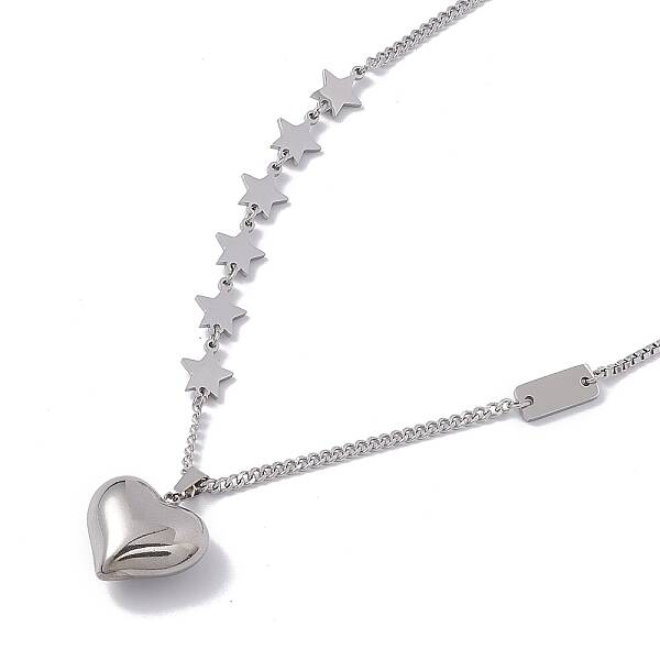 Non-Tarnish 304 Stainless Steel Heart & Star Pendant Necklace for Women