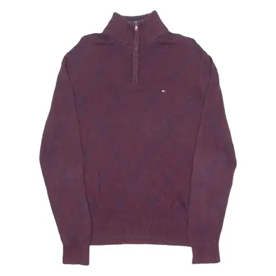 TOMMY HILFIGER Mens Patterned Jumper Maroon Argyle 1/4 Zip Tight Knit L