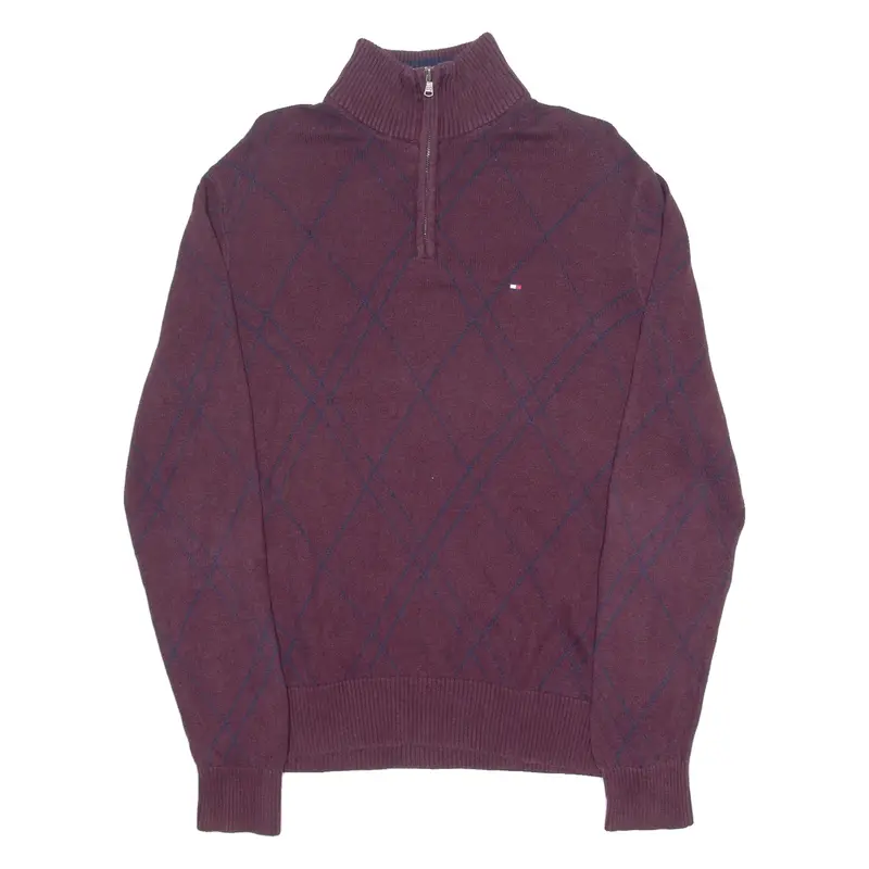 TOMMY HILFIGER Mens Patterned Jumper Maroon Argyle 1/4 Zip Tight Knit L