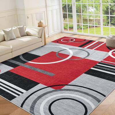 Garvee Modern Red 9x12 Large Area Washable Rugs,Non-Slip Low Pile Soft Stain Resistant Abstract Circle Red Living Room Bedroo...