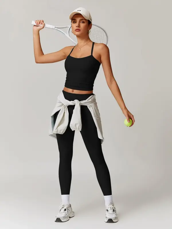Women's Solid Cut Out Backless Cami Top & High Waist Leggings Tracksuit Set, Sporty Comfy Breathable Outfits for Yoga Gym Wor...