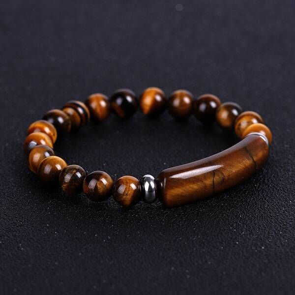 Natural Tiger Eye Curved Rectangle Beaded Stretch Bracelet
