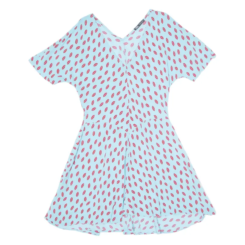 ZARA Lipstick Design Sheer Skater Dress Blue Viscose Short Sleeve Short Womens UK 10