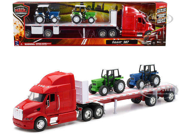 Peterbilt 387 Flatbed Truck Red with 2 Farm Tractors Blue and Green \