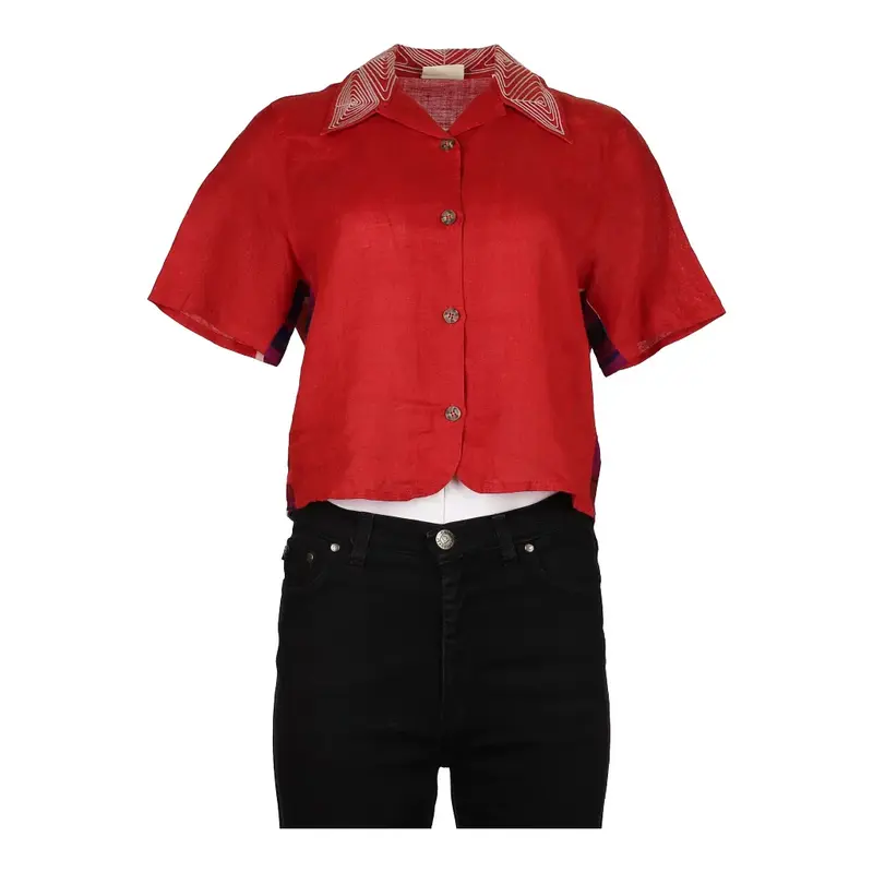 Benetton Short Sleeve Shirt - Large Red Linen