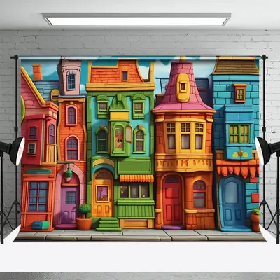 Cartoon Brick Building Street Architecture Backdrop - Aperturee