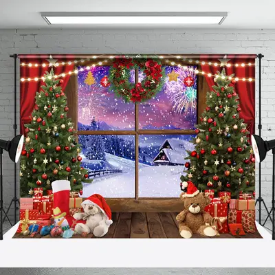 Aperturee Merry Christmas Window Snow Scene Photo Backdrop - Aperturee