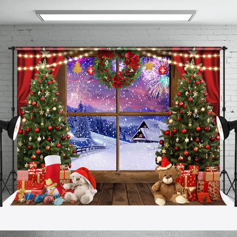 Aperturee Merry Christmas Window Snow Scene Photo Backdrop - Aperturee