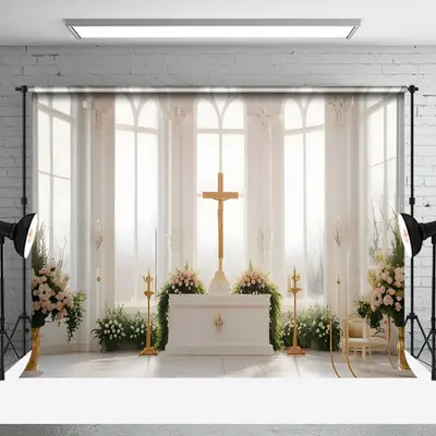 Aperturee White Church Cross Greenery Floral Wedding Backdrop, 3X2FT(1MX0.6M), 14 USD, wedding backdrops, NYHD6I32-M