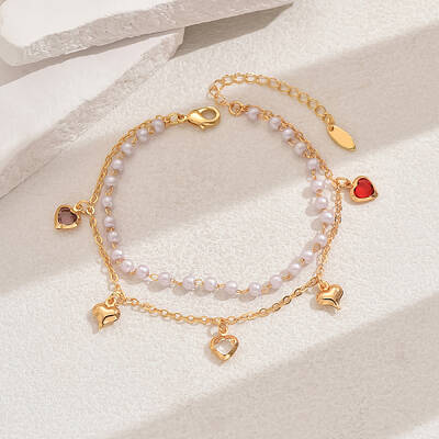 Fashionable Vintage Beach Style Adjustable Brass & Plastic Pearl Charm Double Strand Ladies Anklets
