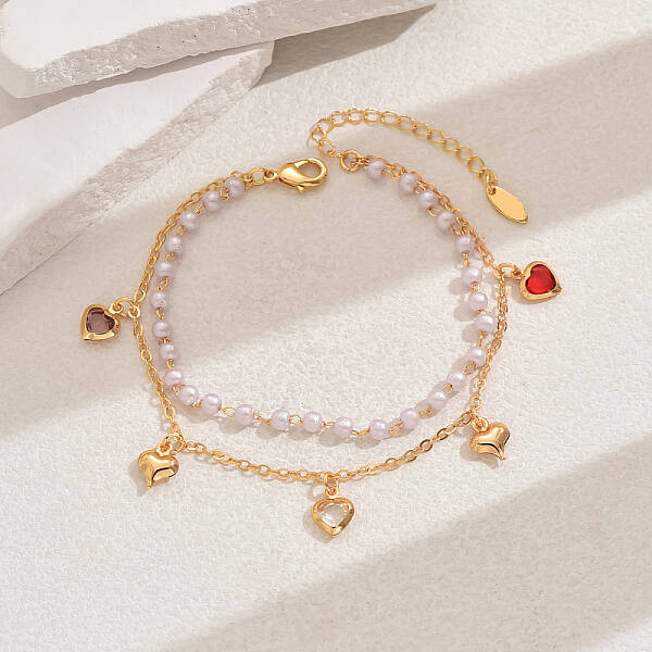 Fashionable Vintage Beach Style Adjustable Brass & Plastic Pearl Charm Double Strand Ladies Anklets