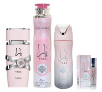 Yara Perfume (3.40z) + yara Deodorant (6.67oz) + yara Air Freshener (10.0 oz) + yara rollon 10ml(0.34oz) from lattafa Perfume...