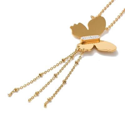 Stainless Steel Crystal Rhinestone Butterfly Tassel Pendant Necklaces for Women