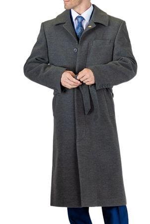 Falcone Men's Gray Long Coat Full Length Wool Belted Topcoat Aero