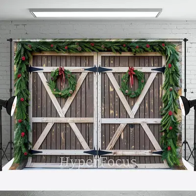 Brown White Wooden Door Wreath Christmas Backdrop - Aperturee