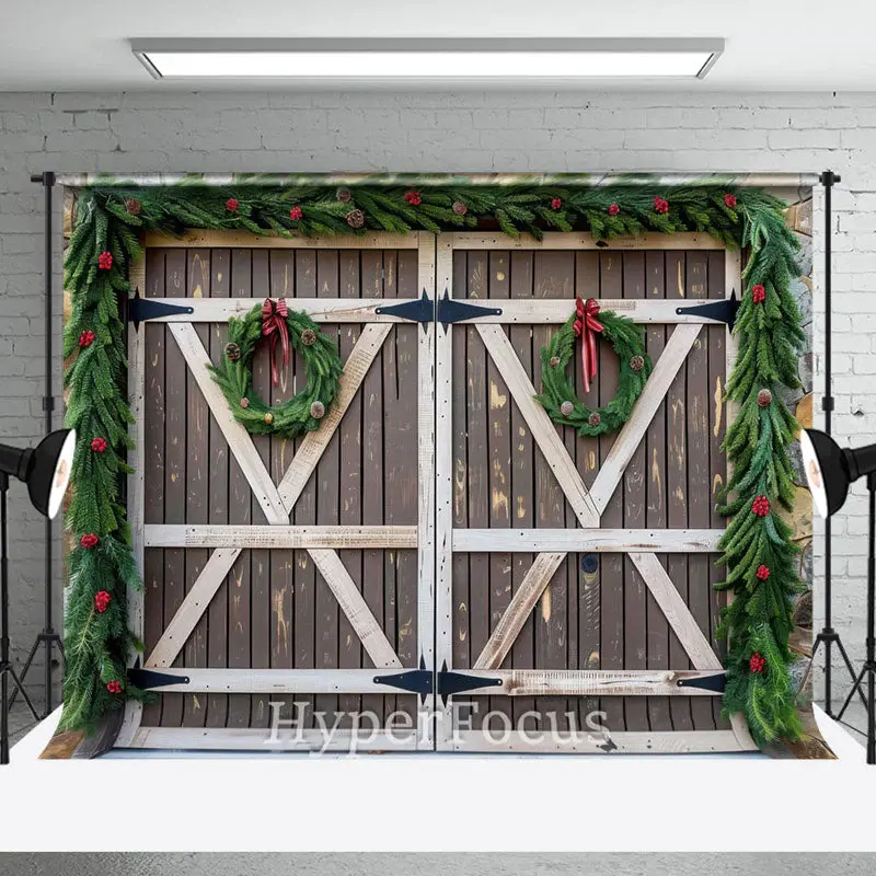 Brown White Wooden Door Wreath Christmas Backdrop - Aperturee